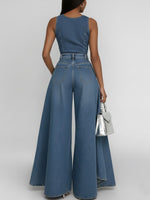 Women's Round Neck Sleeveless Casual Loose Wide-leg Denim Jumpsuit