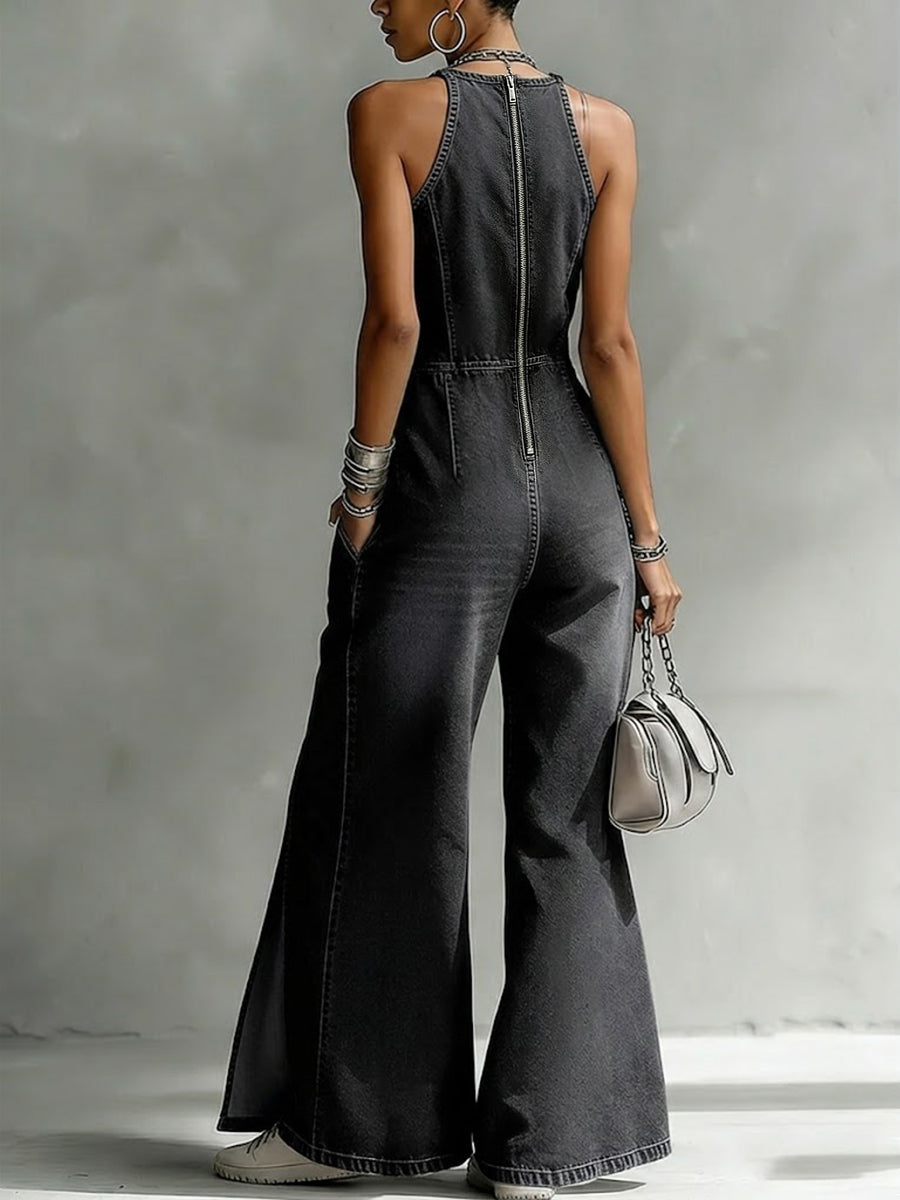 Casual Split Sleeveless Denim Jumpsuit