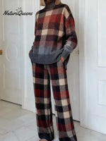 Women's Vintage PlaidArt Print Casual Knitted Cotton Top Pants Suit