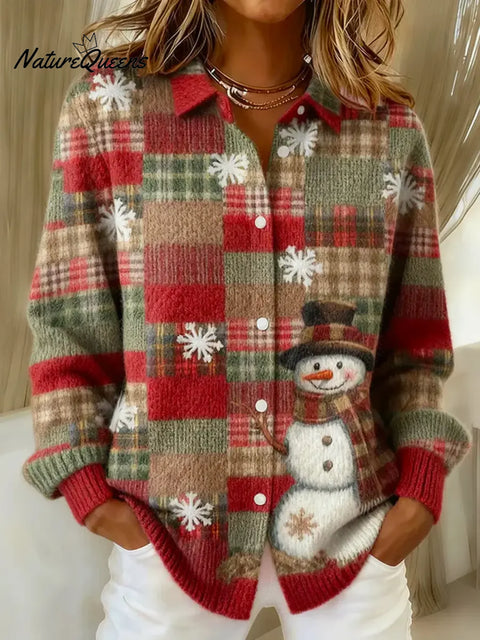 Women's Christmas Snowman Pattern Art Print Casual Cotton Knitted Sweater