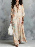 Boho Vintage Print V-neck Oversized Batwing Sleeve Vacation Kaftan Maxi Dress