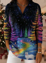 Neon Lights Christmas Tree Aurora Art Pattern Polo Collar Shiny Loose Sweater Top