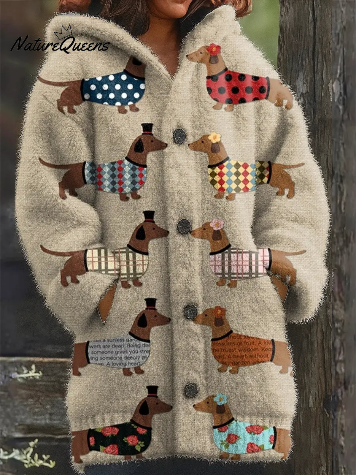 Women's Vintage Funny DogsArt Print Casual Fleece Coat