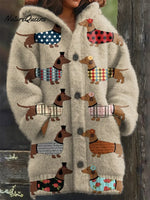Women's Vintage Funny DogsArt Print Casual Fleece Coat