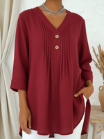 Casual V-neck Pleated Button-down Loose-fitting Linen-cotton Top