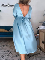 Women's Solid Color Round Neck Three-quarter Sleeve Loose Fit Satin Dress