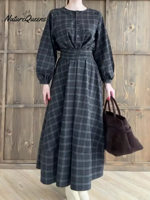 Women's Plaid Long-sleeved Cotton Dress