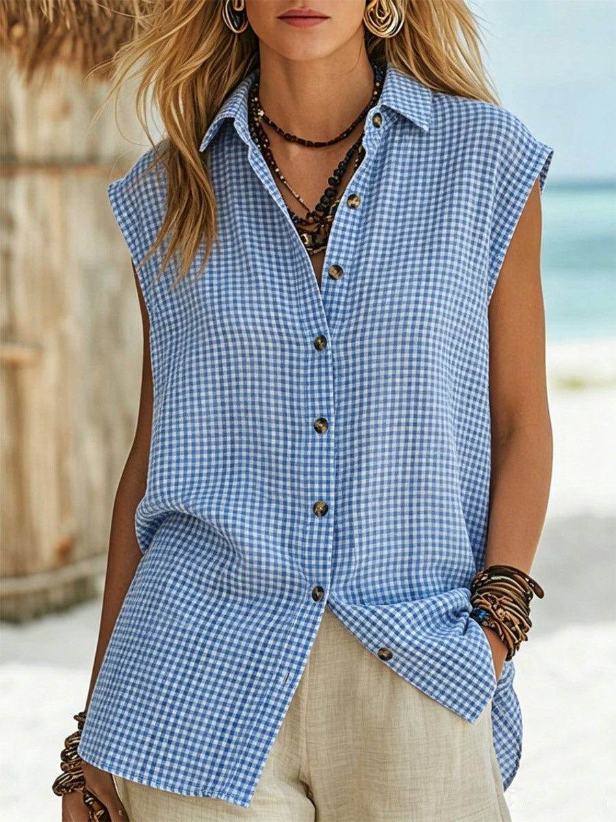 Women's Plaid Pattern Comfortable Sleeveless Art Casual Cotton Linen Top