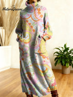 Women's Retro Floral Flowers High-neck Long-sleeve Casual Loose Knit Dress