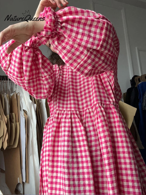 Women's Cotton And Linen Plaid Lantern Sleeve Dress