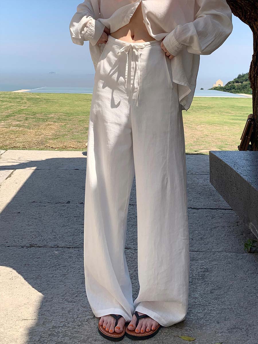 Women's Solid-color High-waisted Drawstring Loose-fit Cotton-linen Wide-leg Pants