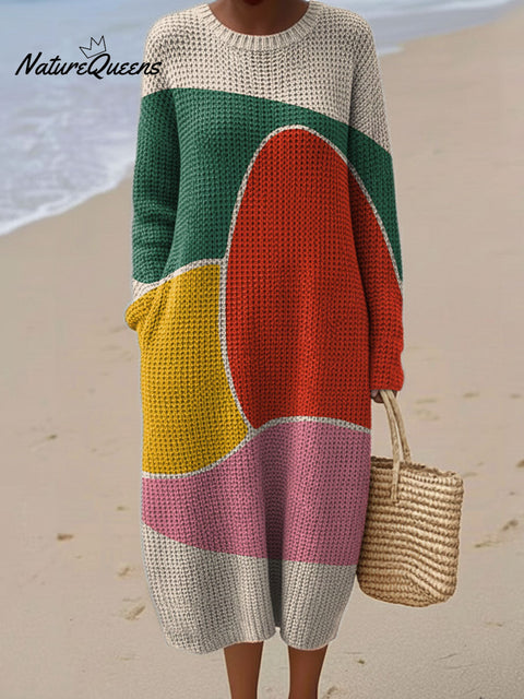 Women's Color Block Abstract Pattern Casual Round Collar Long Sleeve Dress