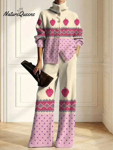 Women's Strawberry Pattern Art Print Casual Cotton Knitted Suits