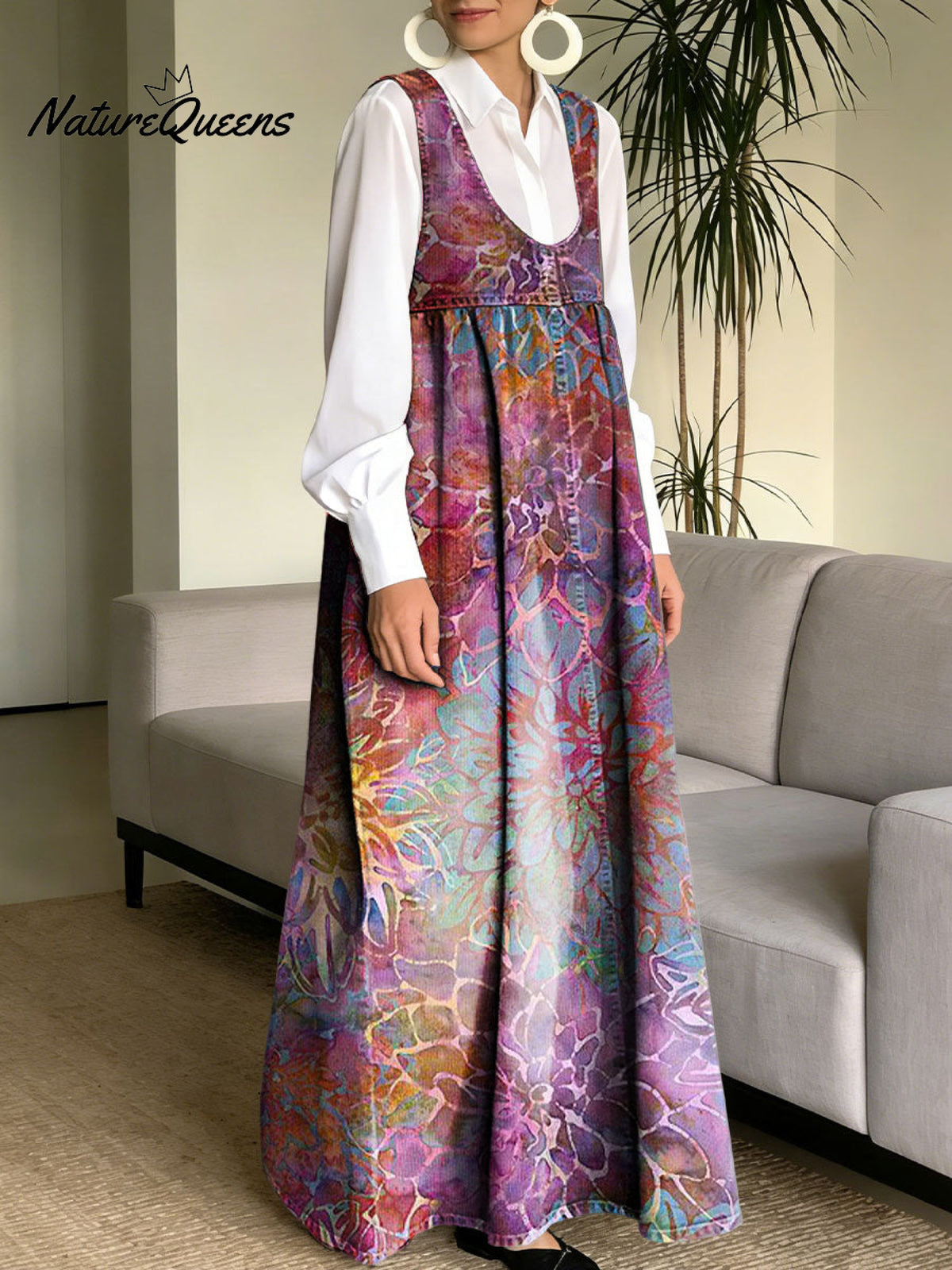 Women's Simple Flowers Pattern Art Print Casual Cotton Denim Dress