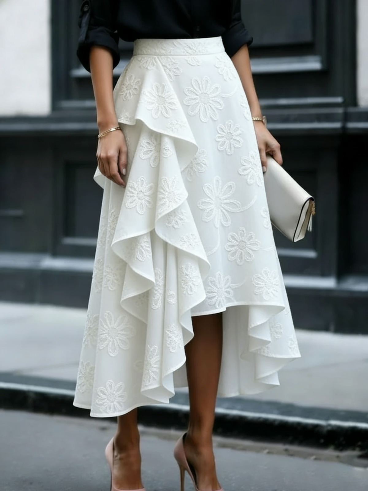 Elegant Romantic Ruffled Hem Floral Embroidery Skirt