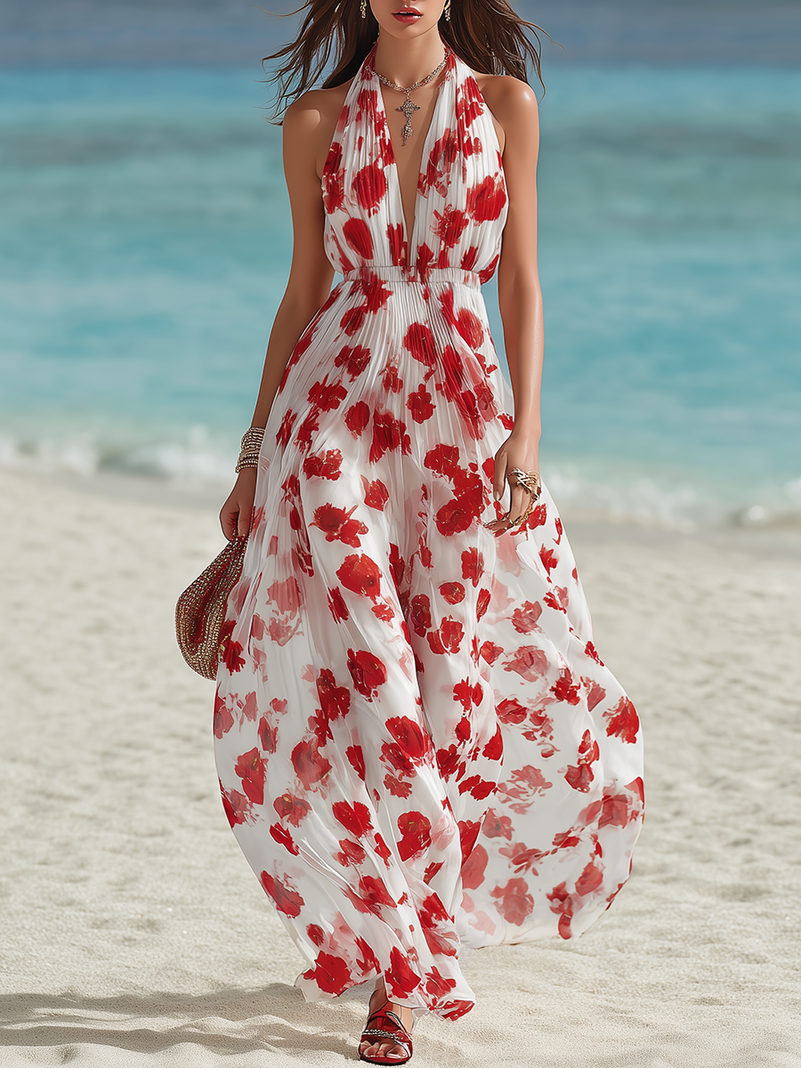 Women's Halter-neck Deep V Printed Maxi Vacation Dress