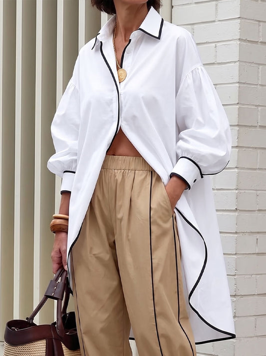 Women's Collared Long-sleeved Casual Loose Cotton Long Shirt