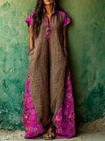 Women's Casual Loose Cotton-linen Dress With V-neck Short Sleeves And Placement Print