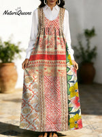 Women's Retro Splicing Colorful Flowers Pattern Art Print Casual Cotton Denim Dress