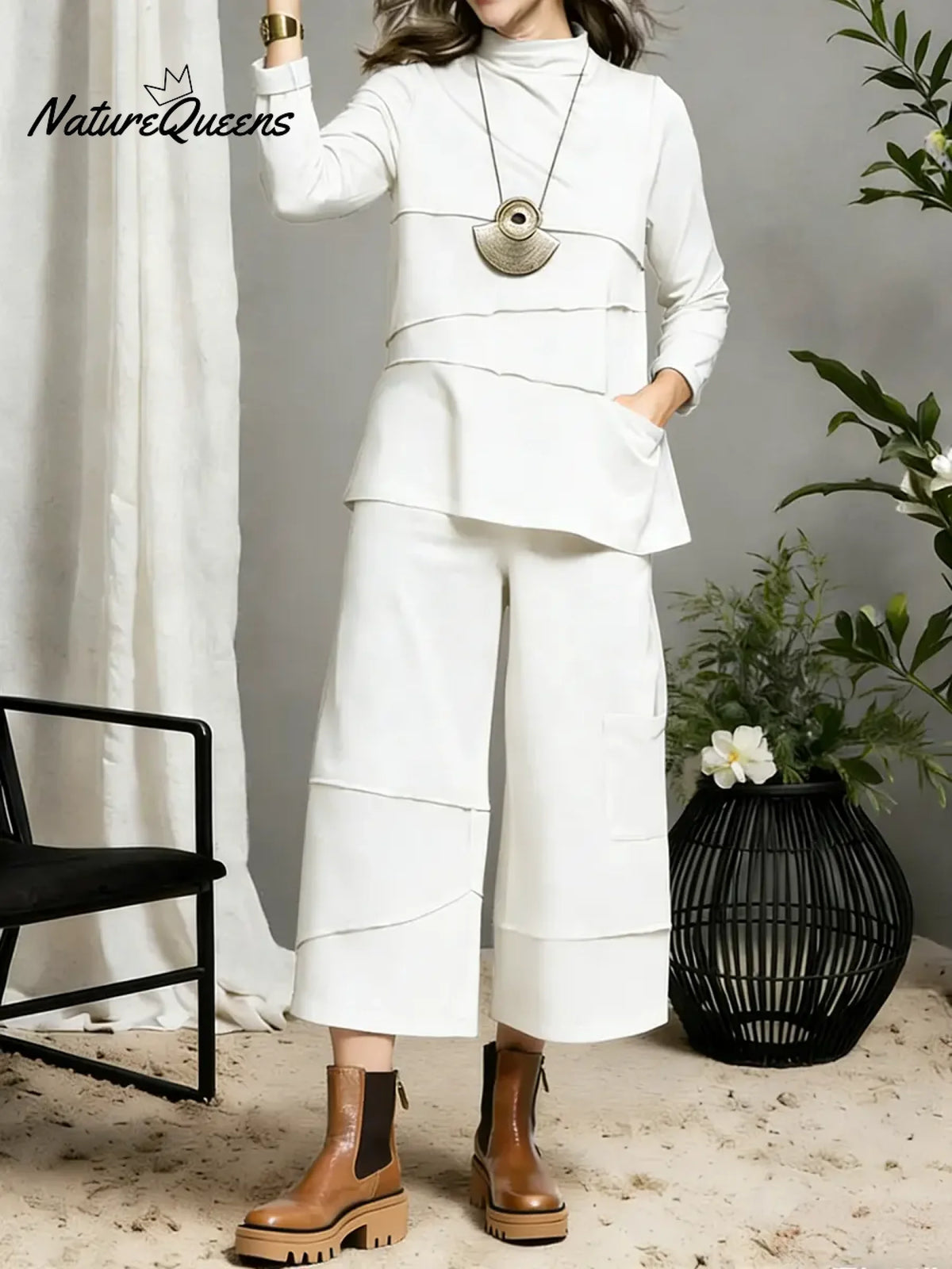 Women's Solid Color Stand-collar Long-sleeved Casual Loose Cotton Top And High-waisted Loose Wide-leg Pants Set.
