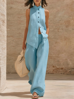 Retro Cozy Lace Top And Wide-leg Pants Linen Set