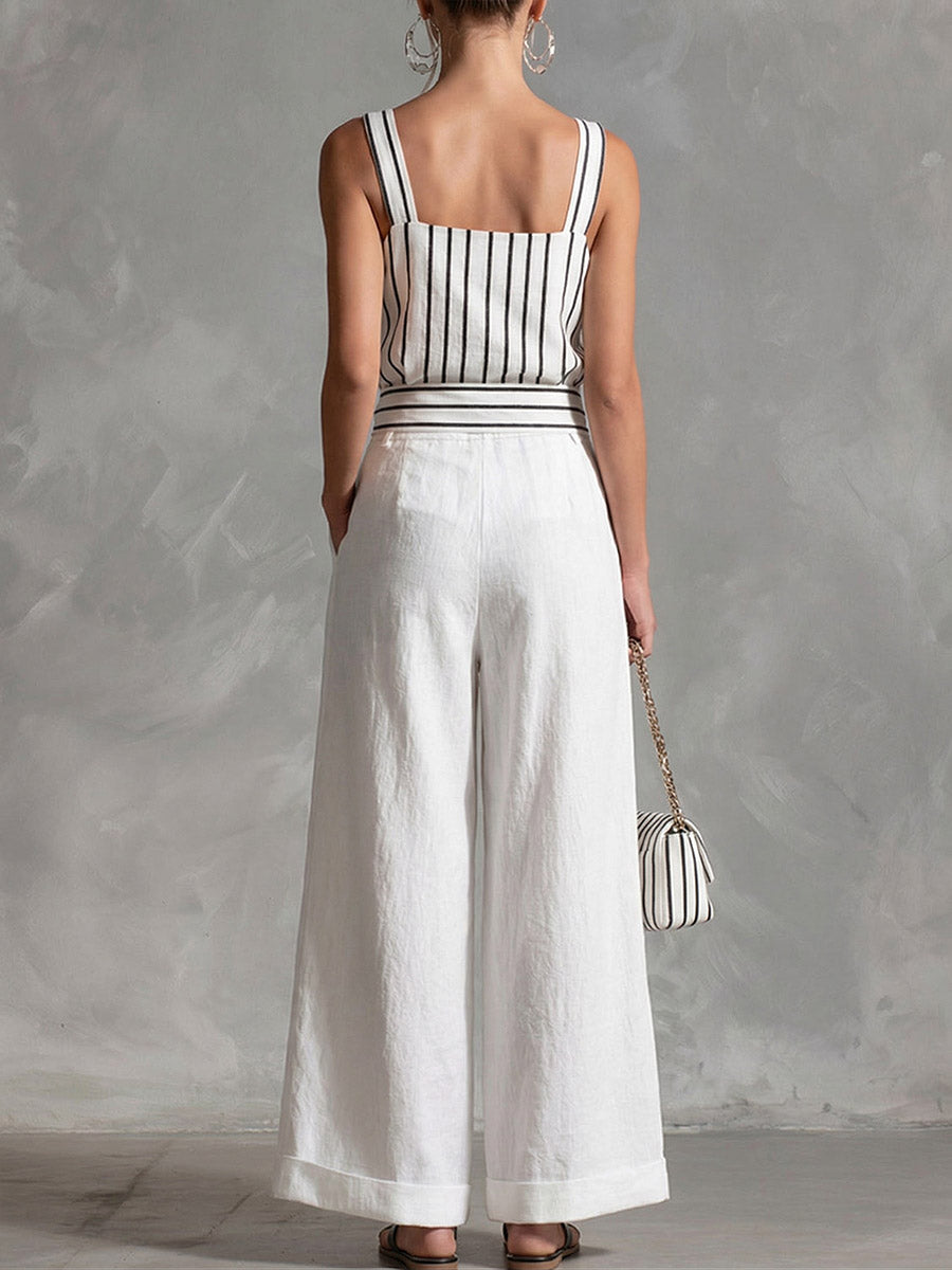 Women's Striped Print Square-neck Sleeveless Loose-fit Cotton-linen Top & High-waisted Wide-leg Pants Casual Set