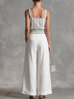 Women's Striped Print Square-neck Sleeveless Loose-fit Cotton-linen Top & High-waisted Wide-leg Pants Casual Set