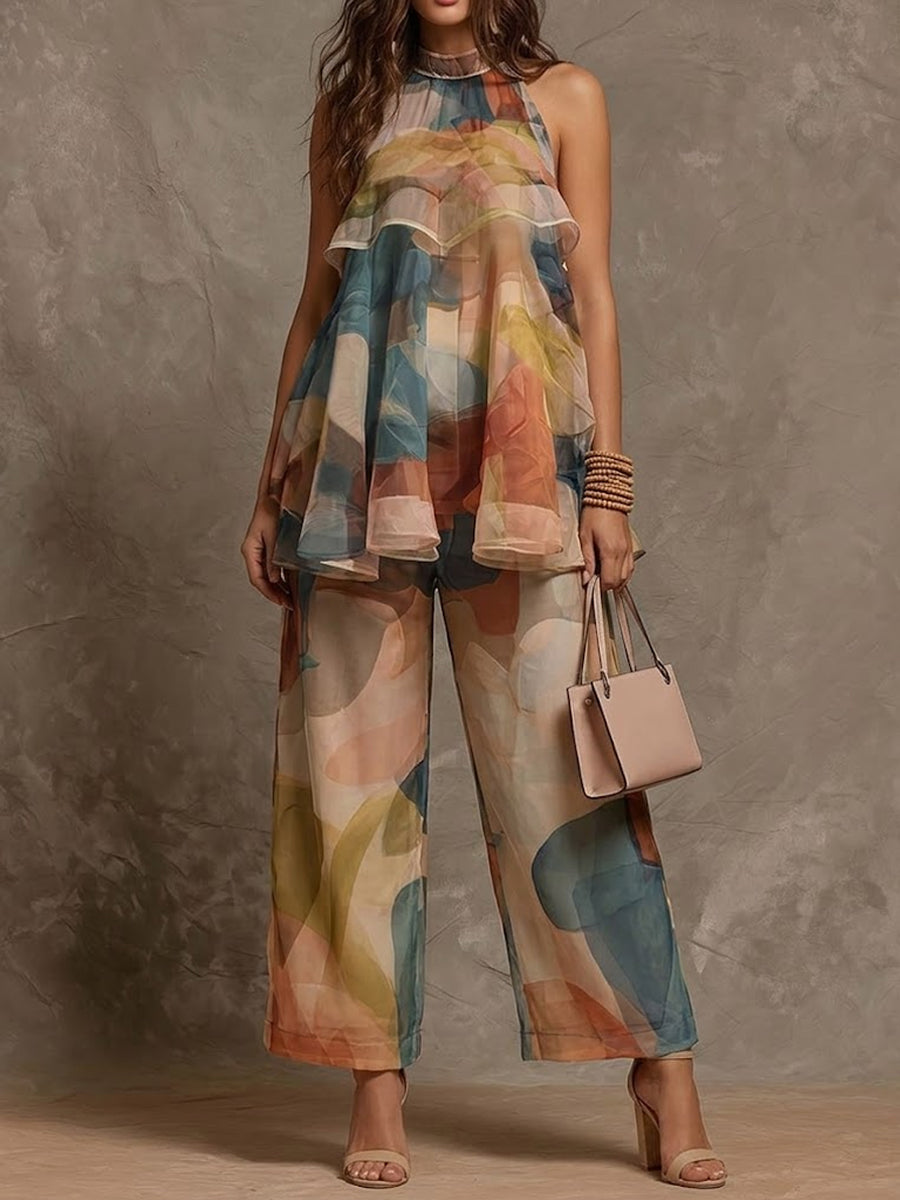 Women's Tie-dye Print Halter Sleeveless Chiffon Two-piece Set