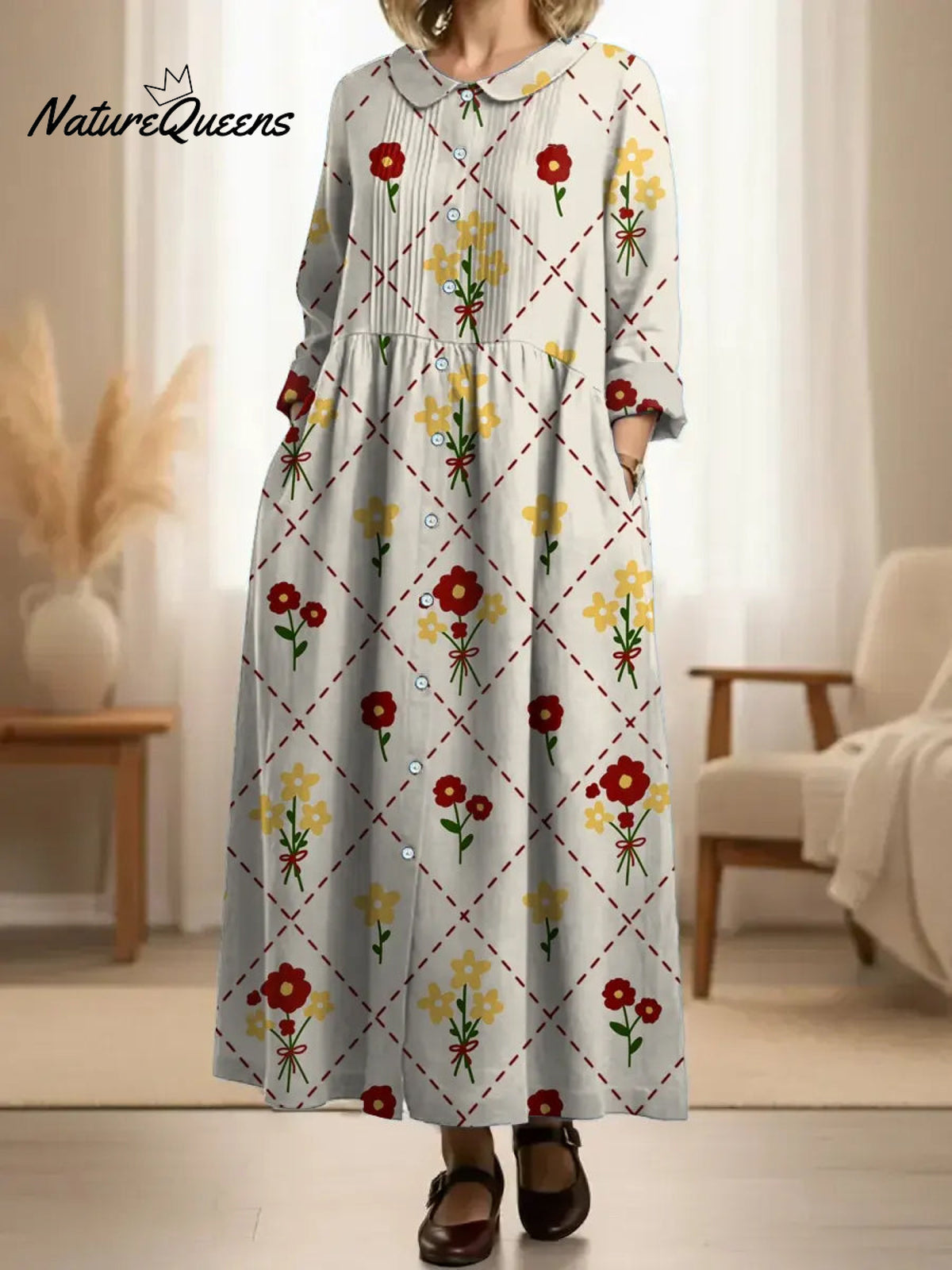 Women's Pleated Vintage Flower Patterns Print Doll Collar Casual Long-sleeved Dress