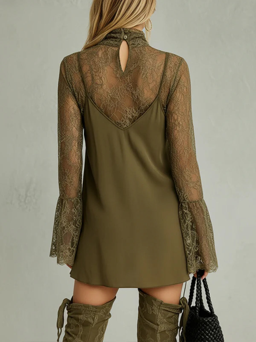 Stylish & Sexy Two-piece Set: Lace Top And Cotton Strappy Mini Dress