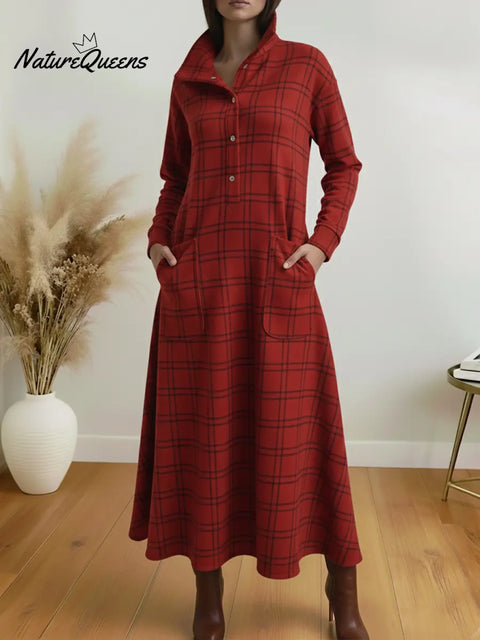 Women's Christmas Plaid Long-sleeved Cotton Dress