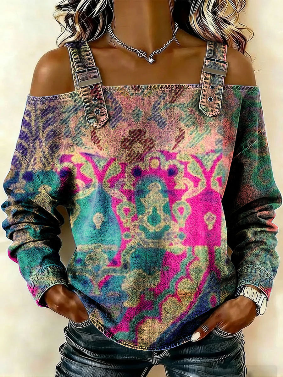 Women‘s Vintage Flowers Pattern Art Print Casual Cotton Denim Shirt