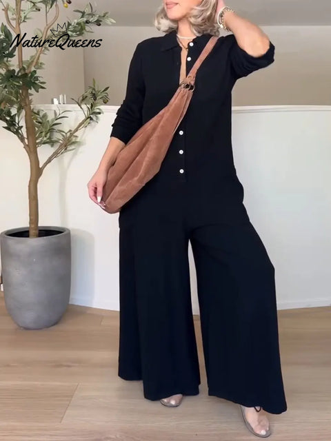 Women's Solid Color Shirt Collar Long Sleeve Casual Loose Jumpsuit