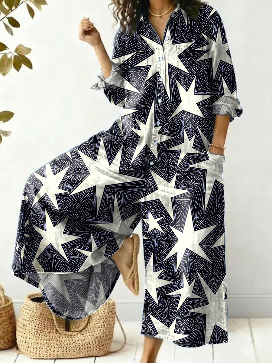Women's Vintage Star Print Cozy And Casual Cotton Jumpsuit