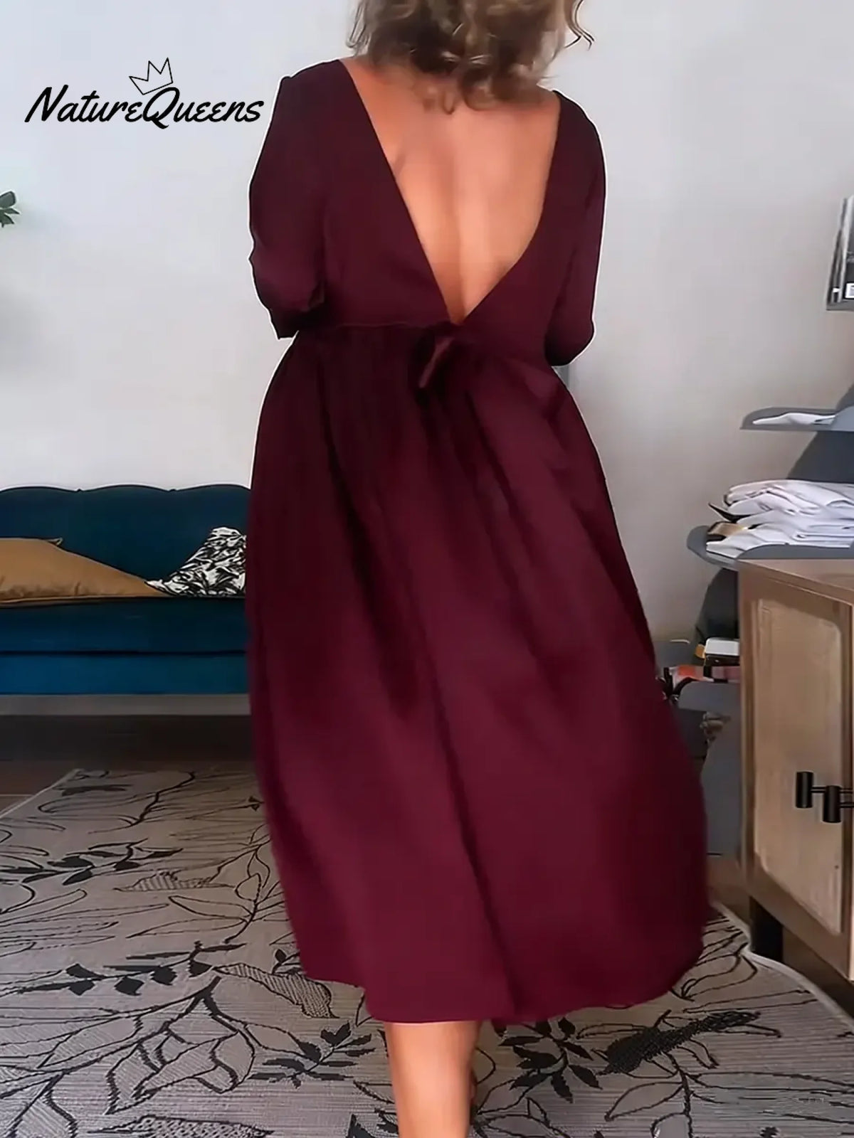 Women's Solid Color Round Neck Three-quarter Sleeve Loose Fit Satin Dress