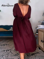 Women's Solid Color Round Neck Three-quarter Sleeve Loose Fit Satin Dress