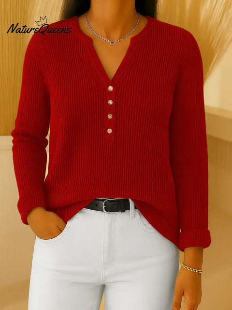 Women's Solid Color V-Neck Long Sleeve Casual Loose Knit Top