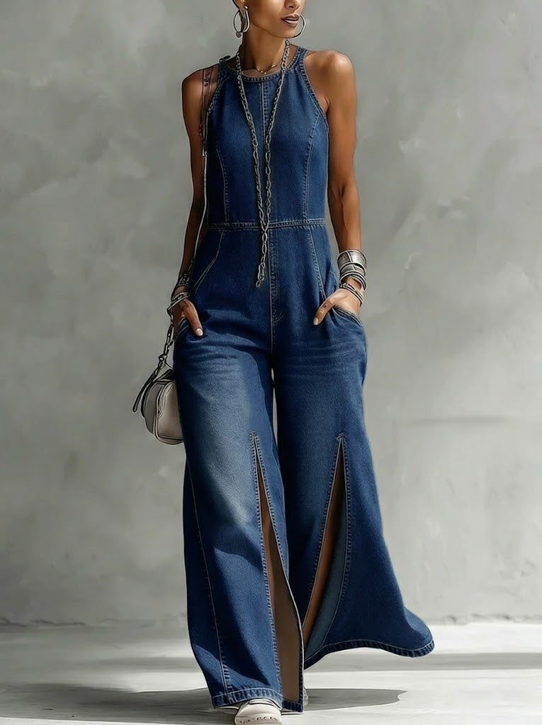 Casual Split Sleeveless Denim Jumpsuit