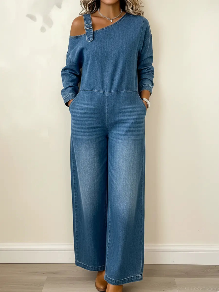 Women's Fashionable Off-the-shoulder Denim Jumpsuit