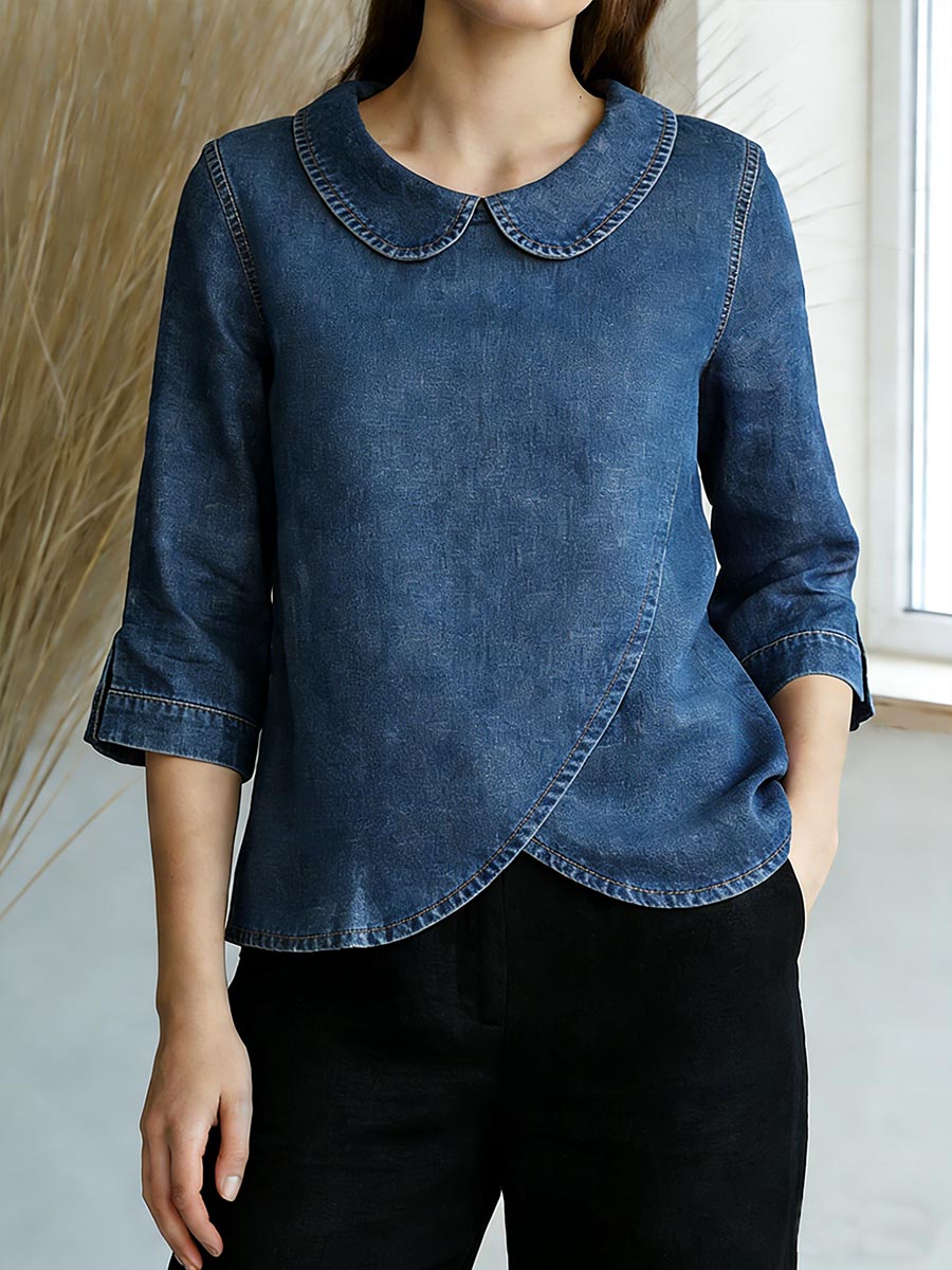 Women's Peter Pan Collar 3/4 Sleeve Casual Loose Denim Top