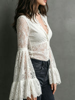 Women's Lace Flared-sleeve V-neck Long-sleeve Shirt