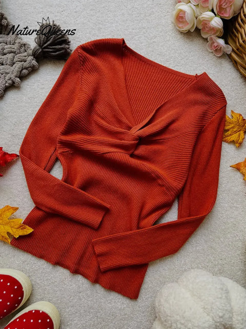 Women's Solid Color V-Neck Long Sleeve Casual Knit Sweater