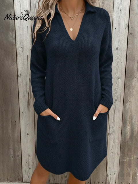 Women's Casual V-neck Collared Pocket Knit Dress