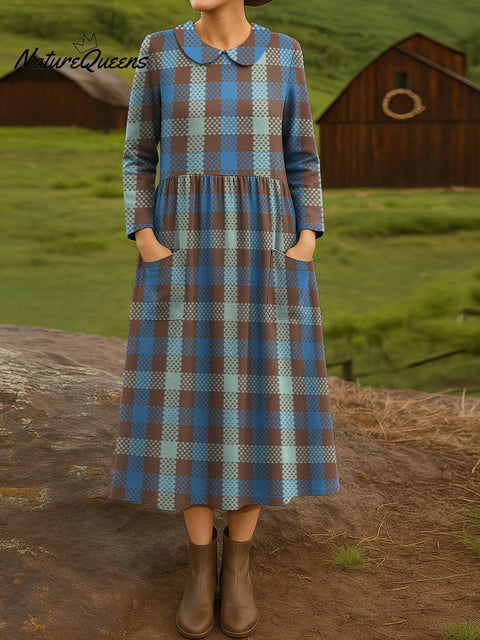 Easy Plaid Decorative Pattern Women's Casual Peter Pan Collar Long Sleeve Dress