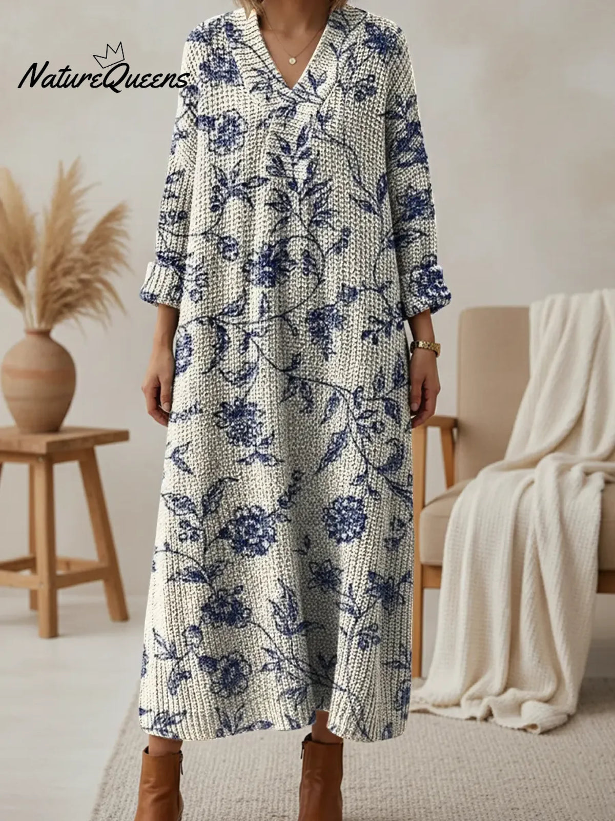 Women's Artistic Flowers V-neck Knit Dress