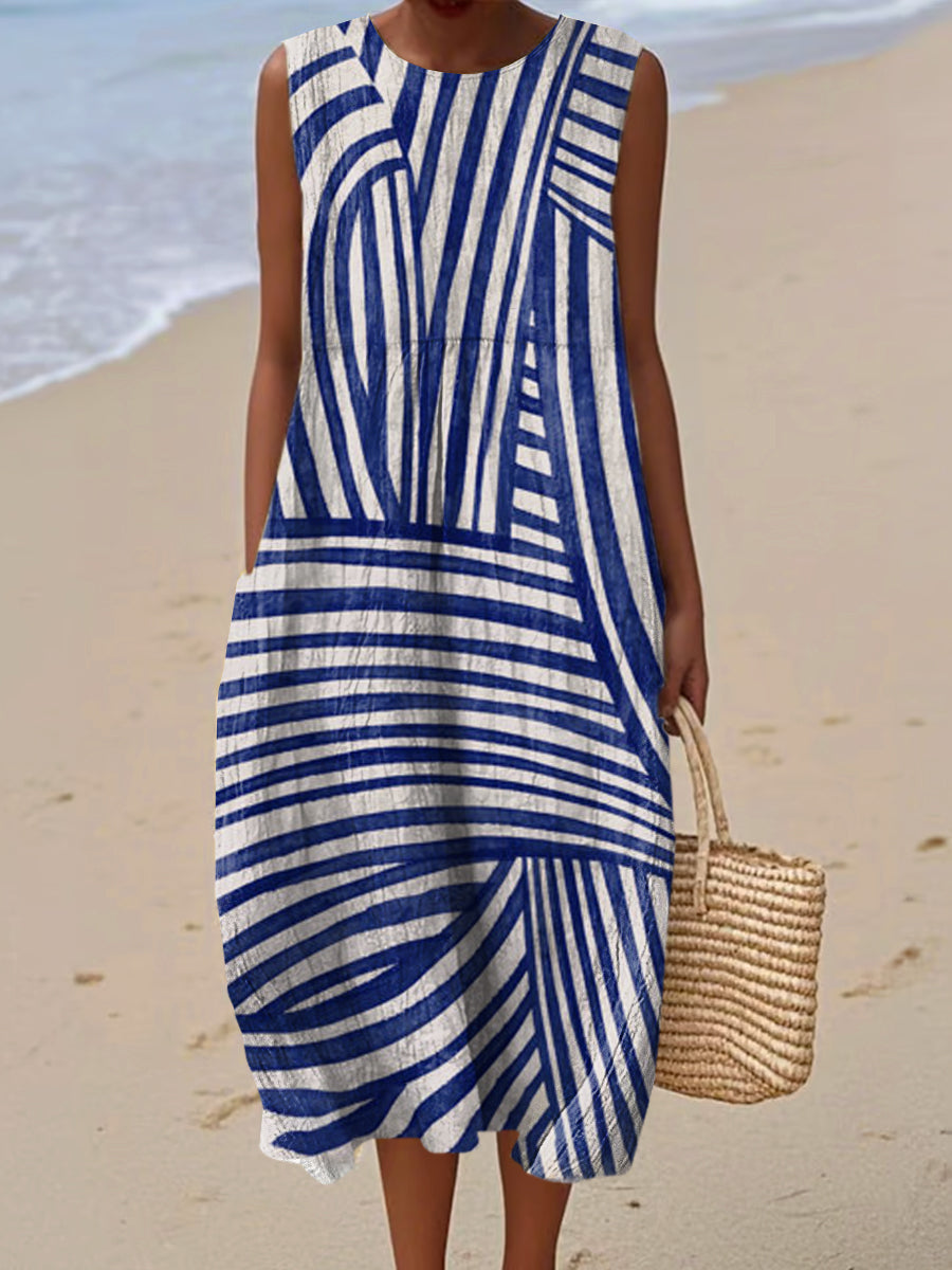 Women's Vintage Geometry Art Print Sleeveless Cotton Pocket Wrap Dress