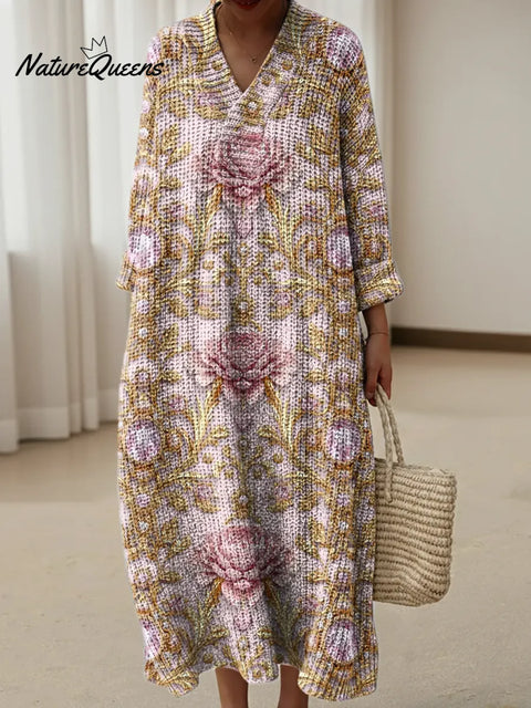 Floral Art Retro Art Print Knitted V-neck Dress