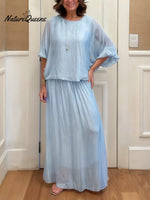 Women's Solid Color Round Neck 4/3sleeve Casual Loose Cotton Linen Top And High-waisted Casual Loose A-line Skirt Set