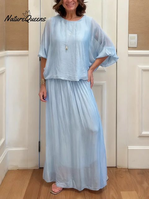 Women's Solid Color Round Neck 4/3sleeve Casual Loose Cotton Linen Top And High-waisted Casual Loose A-line Skirt Set