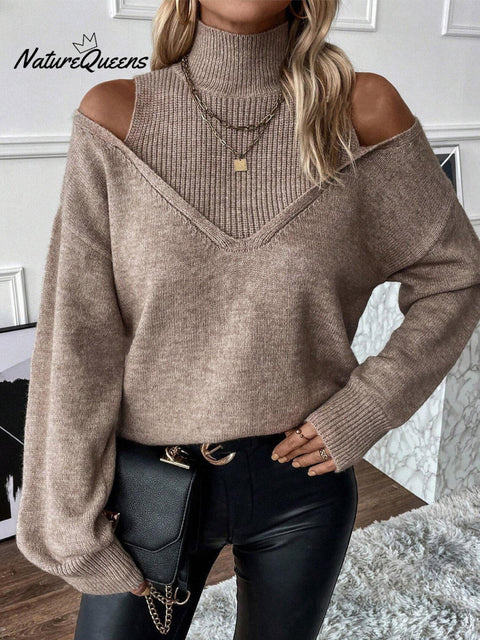 Women's Solid Color Casual Off-shoulder Turtleneck Knit Long-sleeved Sweater